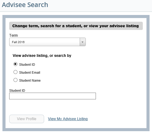 Graphic showing Advisee Search screen.
