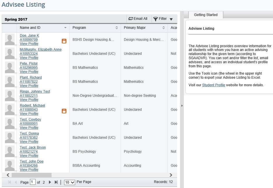 Graphic showing Advisee Listing screen.