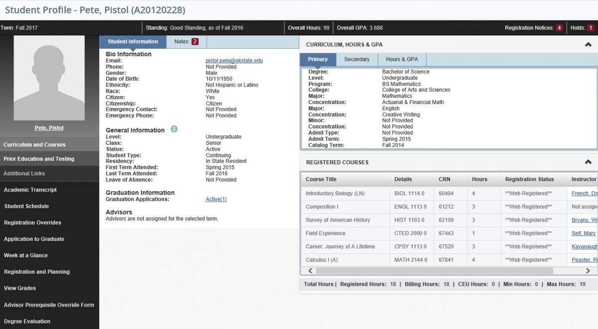 Graphic showing Pistol Pete template in Student Profile.