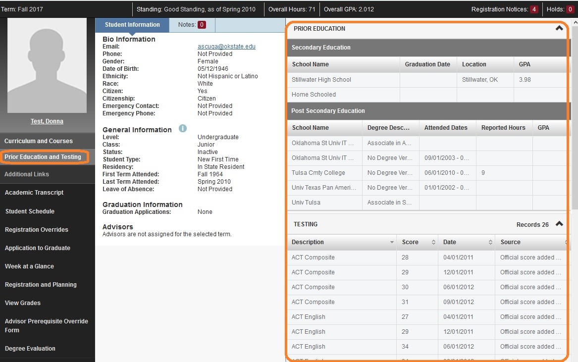 Graphic showing prior education details in Student Profile.