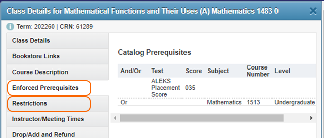 Graphic showing location of Enforced Prerequisites and Restrictions.