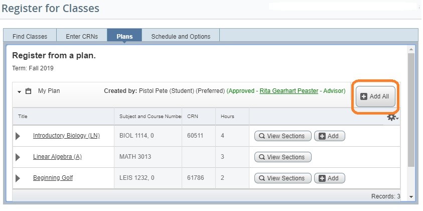 Graphic showing Plans tab on Register for Classes screen.