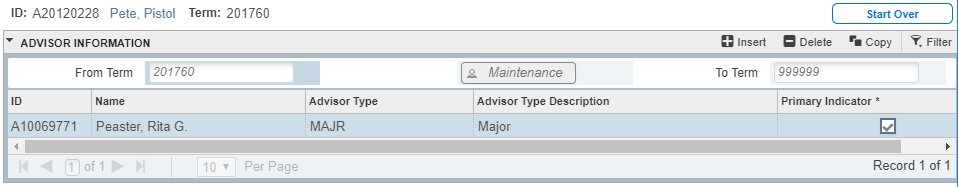 Graphic showing screen when From Term for existing adviser appears.