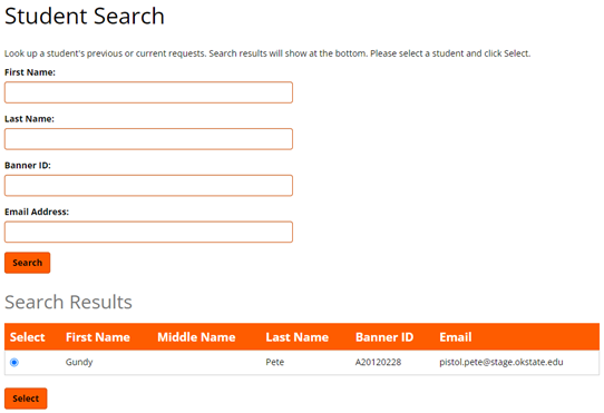 Graphic showing where to enter student data for search.