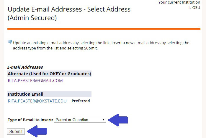 Shows options to select email address and click submit.