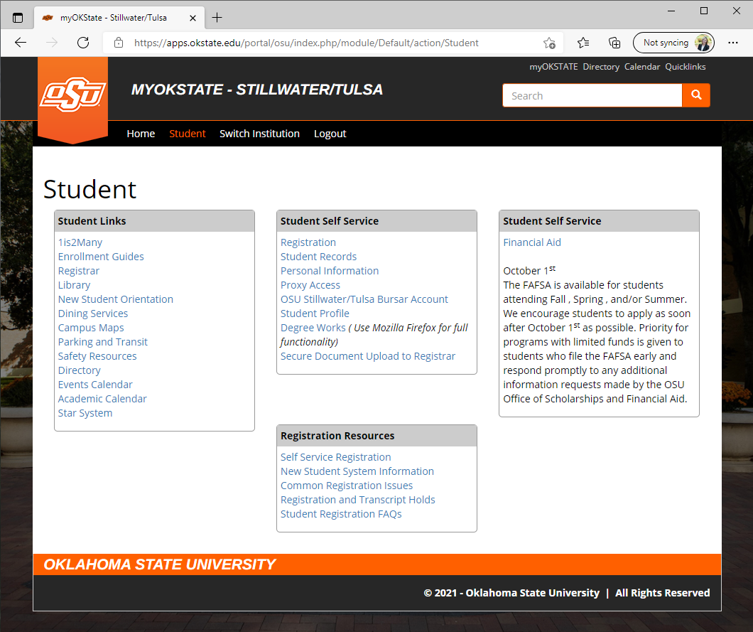 Shows where student link can be found in portal