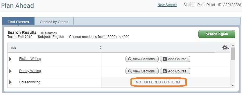 Graphic showing Not Offered for Term message.