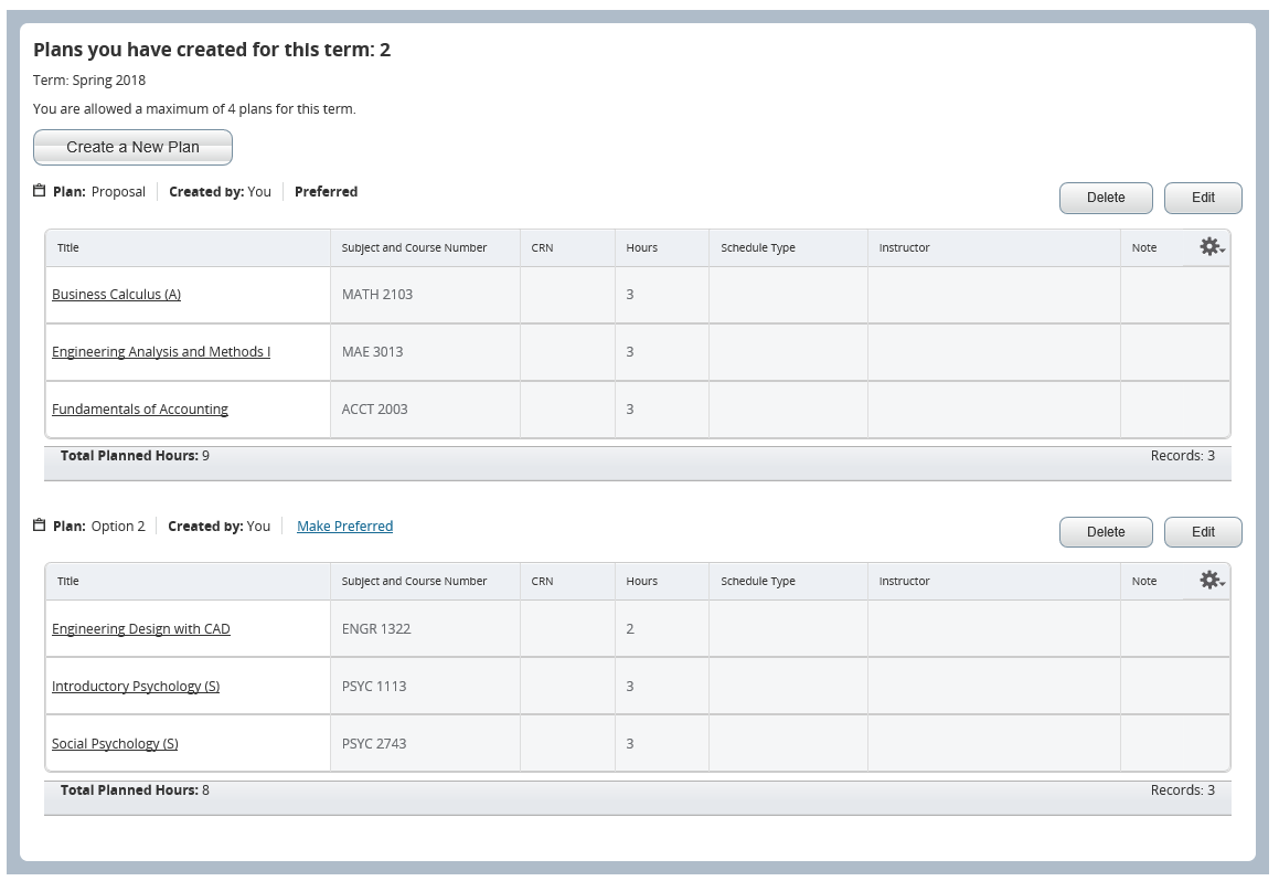 Graphic showing options on Plans screen.