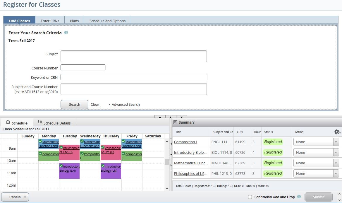 Graphic showing the register for classes screen.