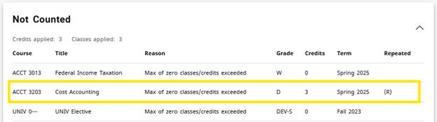 Image showing Not Counted screen for courses.