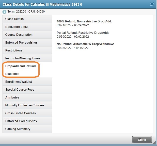 Graphic showing location of Drop/Add and Refund Deadlines.