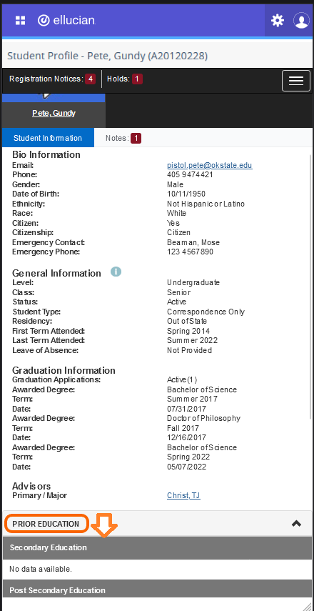 Graphic showing mobile location of Prior Education information.