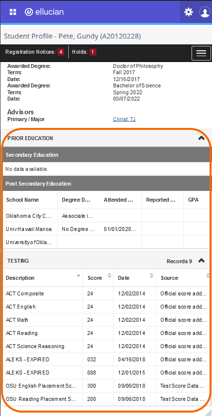 Graphic showing additional information when clicking on Prior Education in mobile version.