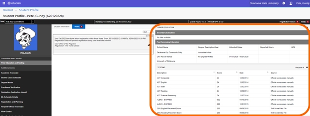 Graphic showing details when clicking on Prior Education and Testing.