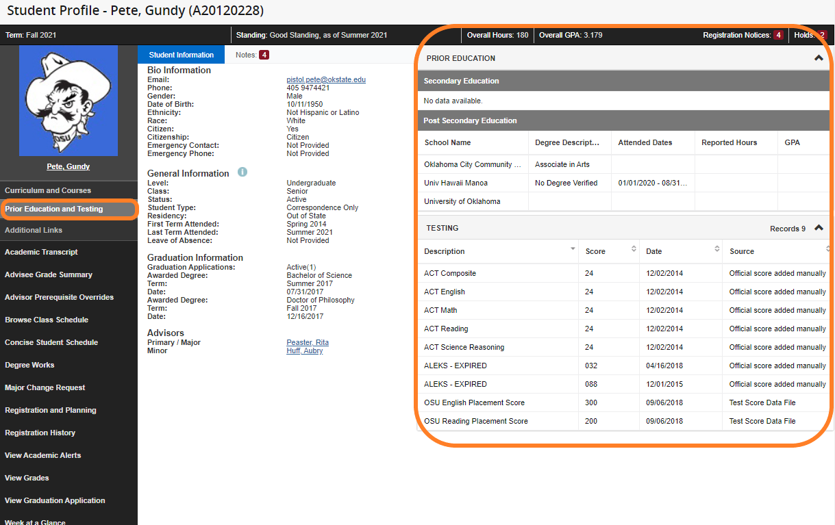 Graphic showing location of Prior Education and Testing tab on Student Profile screen.