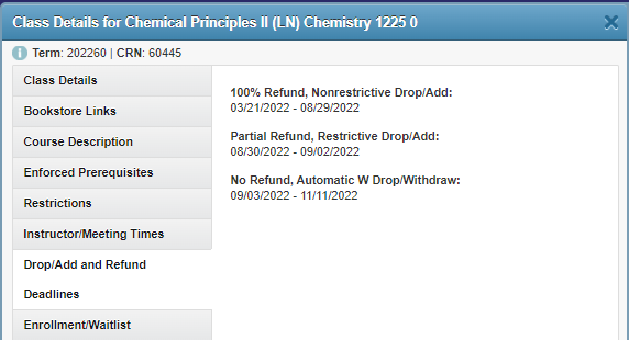 Graphic showing drop/add and refund deadlines
