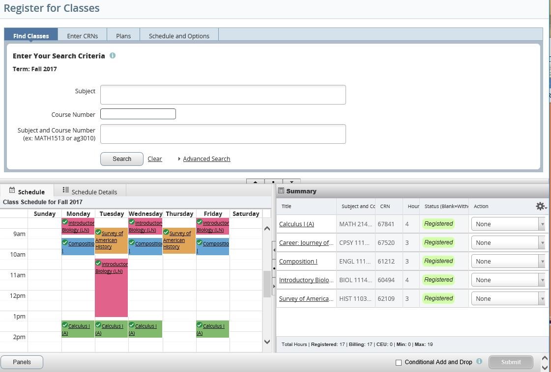 Graphic showing Register for Classes screen.