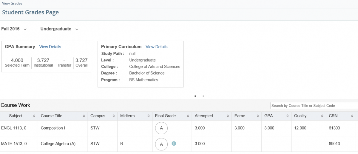 Graphic showing student grades page in Banner.