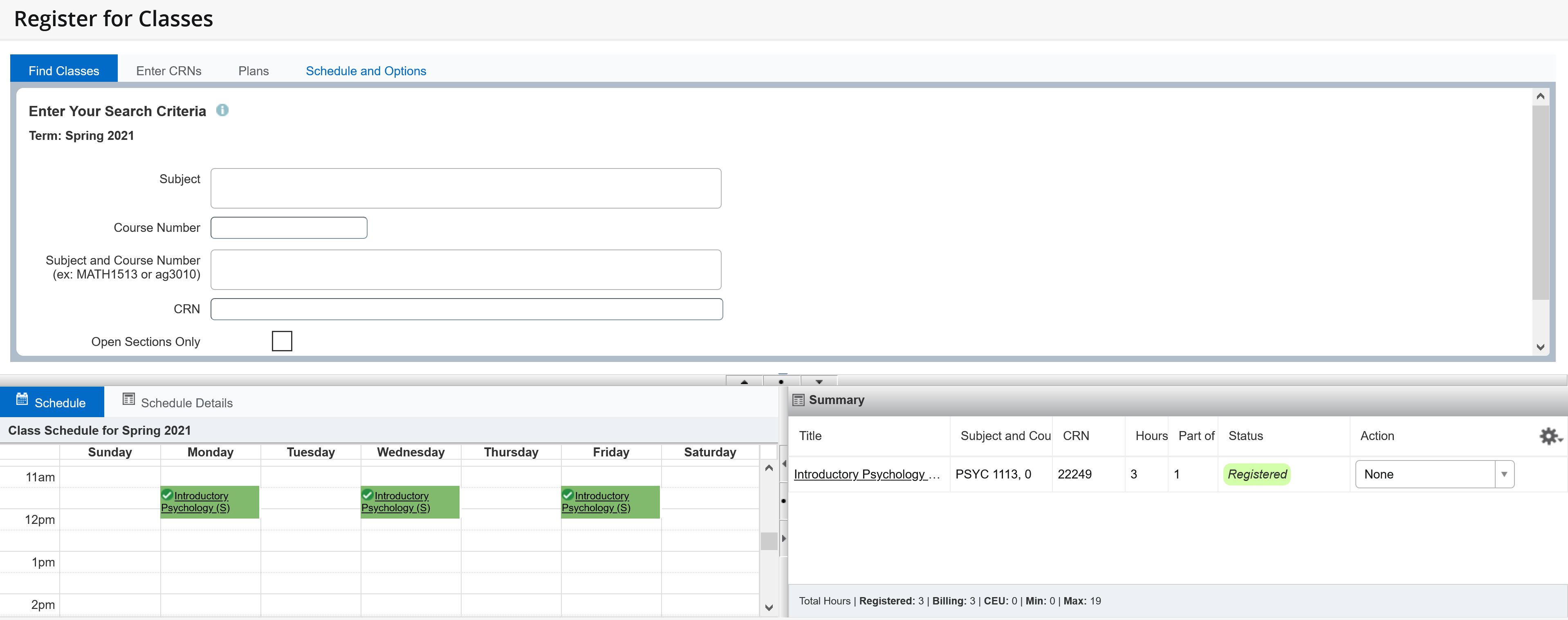 Graphic showing the Register for Classes page with a secondary view of Schedule and Summary tabs.