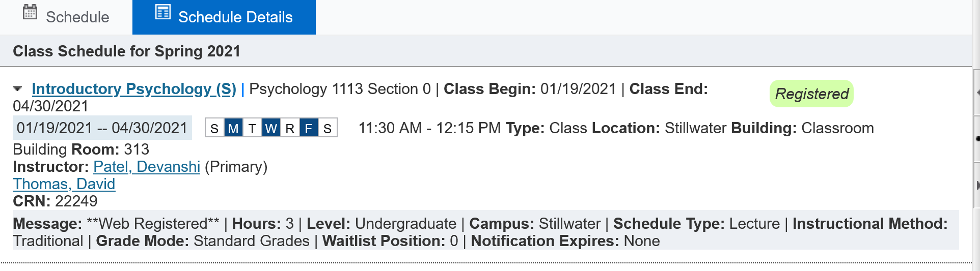 Graphic showing Schedule Details tab.
